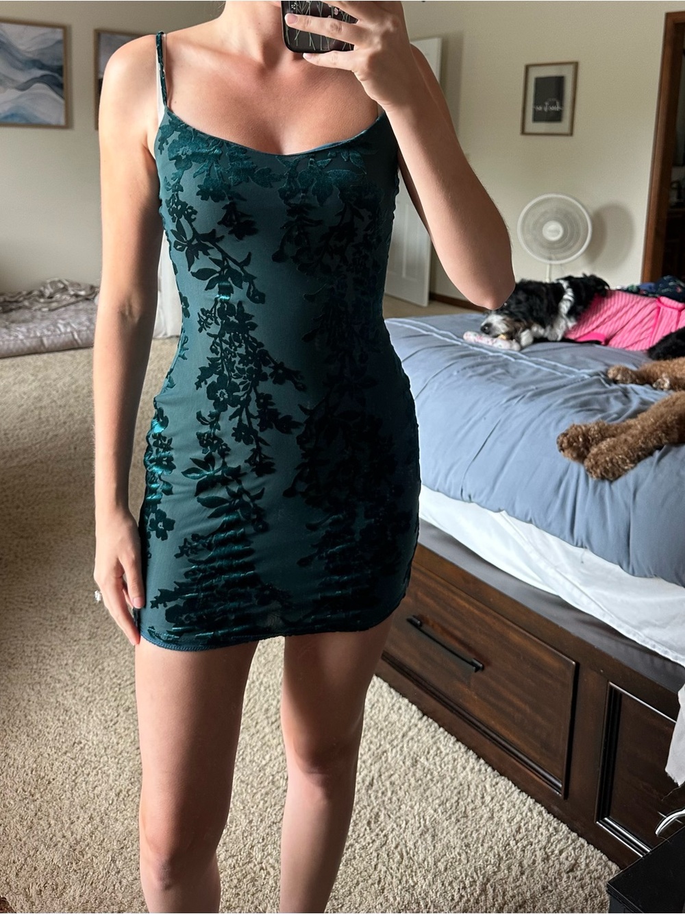 Windsor Dark Green Floral Velvet Slip Mini Dress